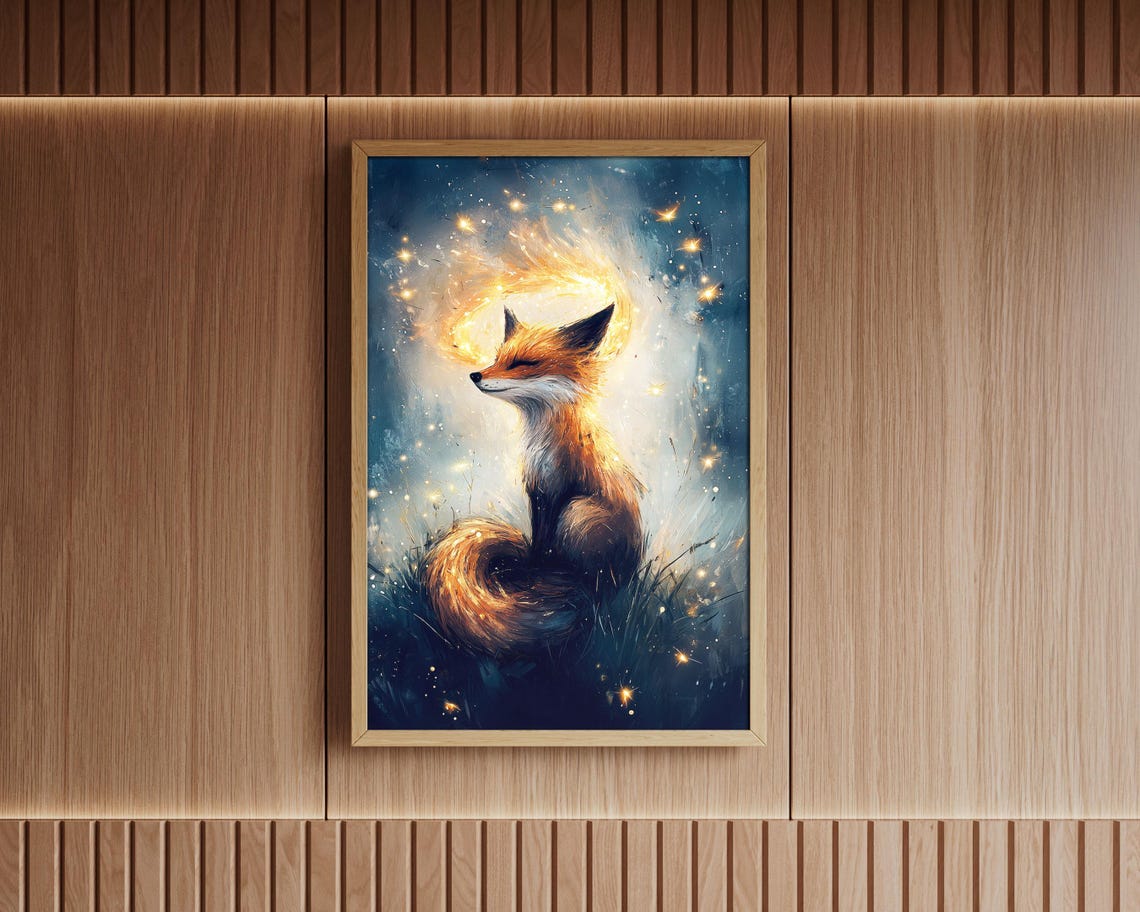 Mystical Glowing Fox With Fiery Aura Starry Night Fantasy Poster - Image 2