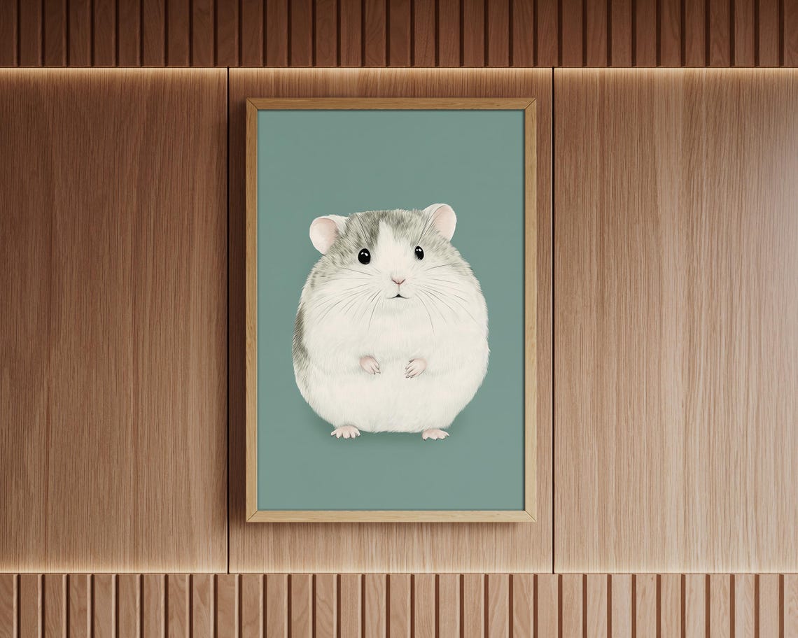 Cute Chubby Grey Hamster Portrait Minimalist Sage Green Wall Art - Image 6