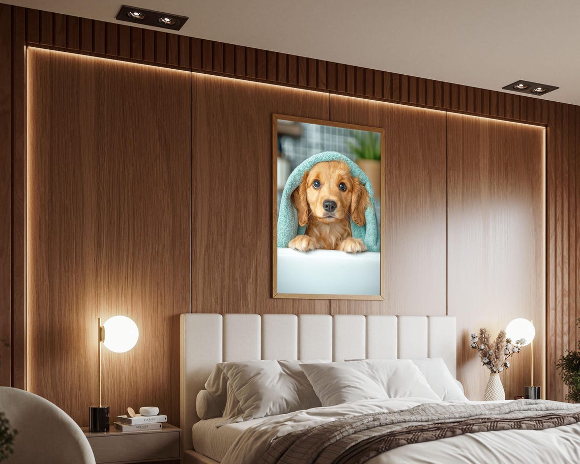 Golden Cocker Spaniel Puppy Bath Time Towel Cute Bathroom Art Poster - Image 4