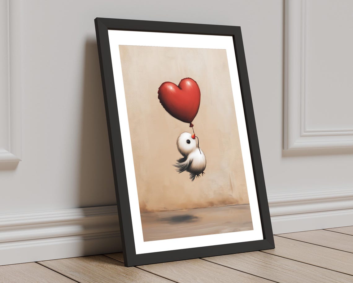 Tiny White Bird Floating with Red Heart Balloon Nursery Wall Art