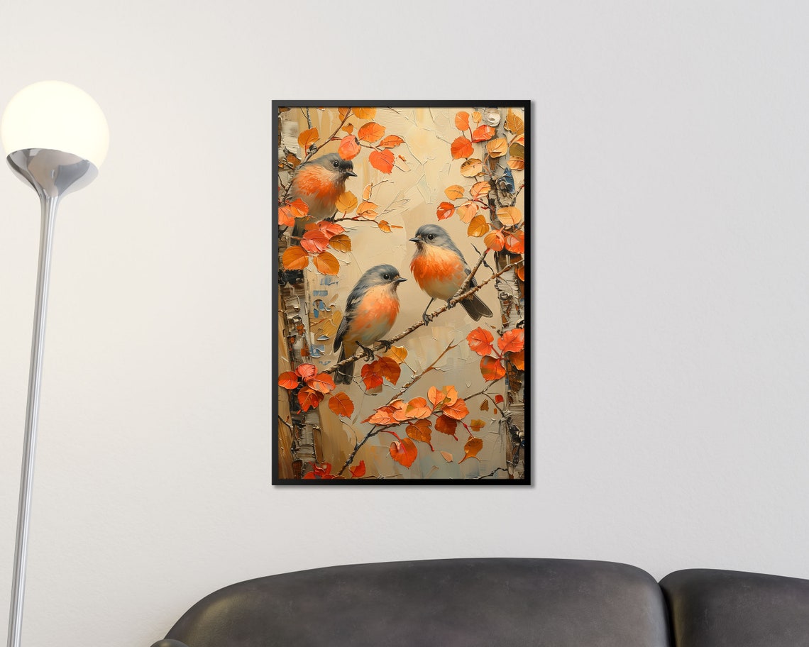 Three Songbirds On Autumn Branches Orange Leaves Oil Painting Print