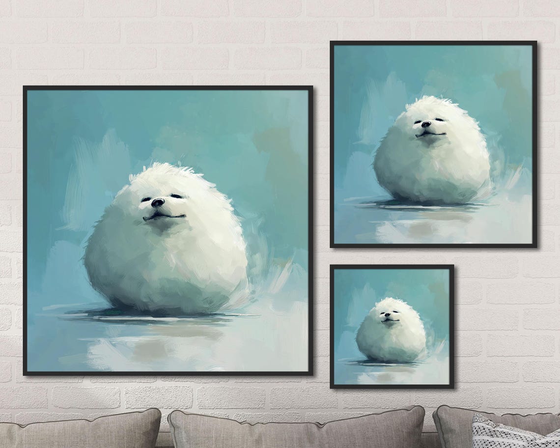 Fluffy White Kitten Puppy Lamb Trio on Teal Set of Three Wall Art - Image 3