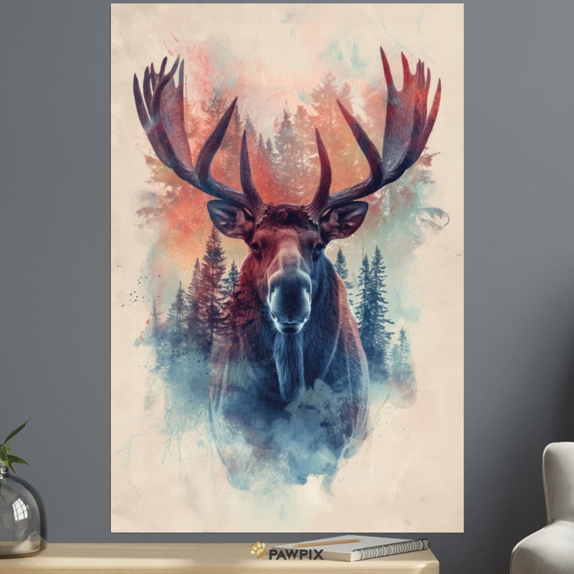 Majestic Moose Forest Watercolor Double Exposure Rustic Wildlife Art Poster - Image 3