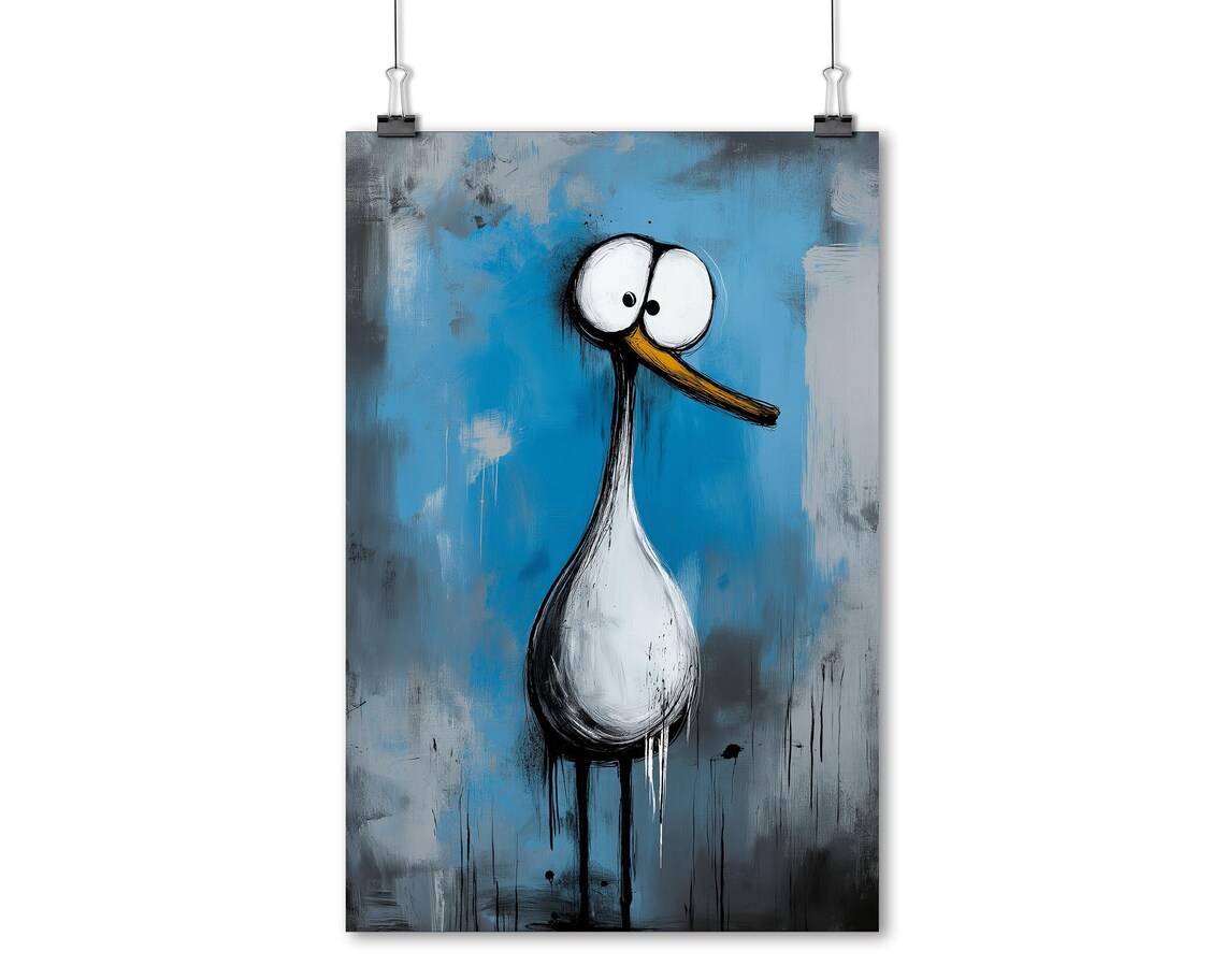 Funny Goofy Bird Quirky Cartoon Painting Blue Abstract Art Poster