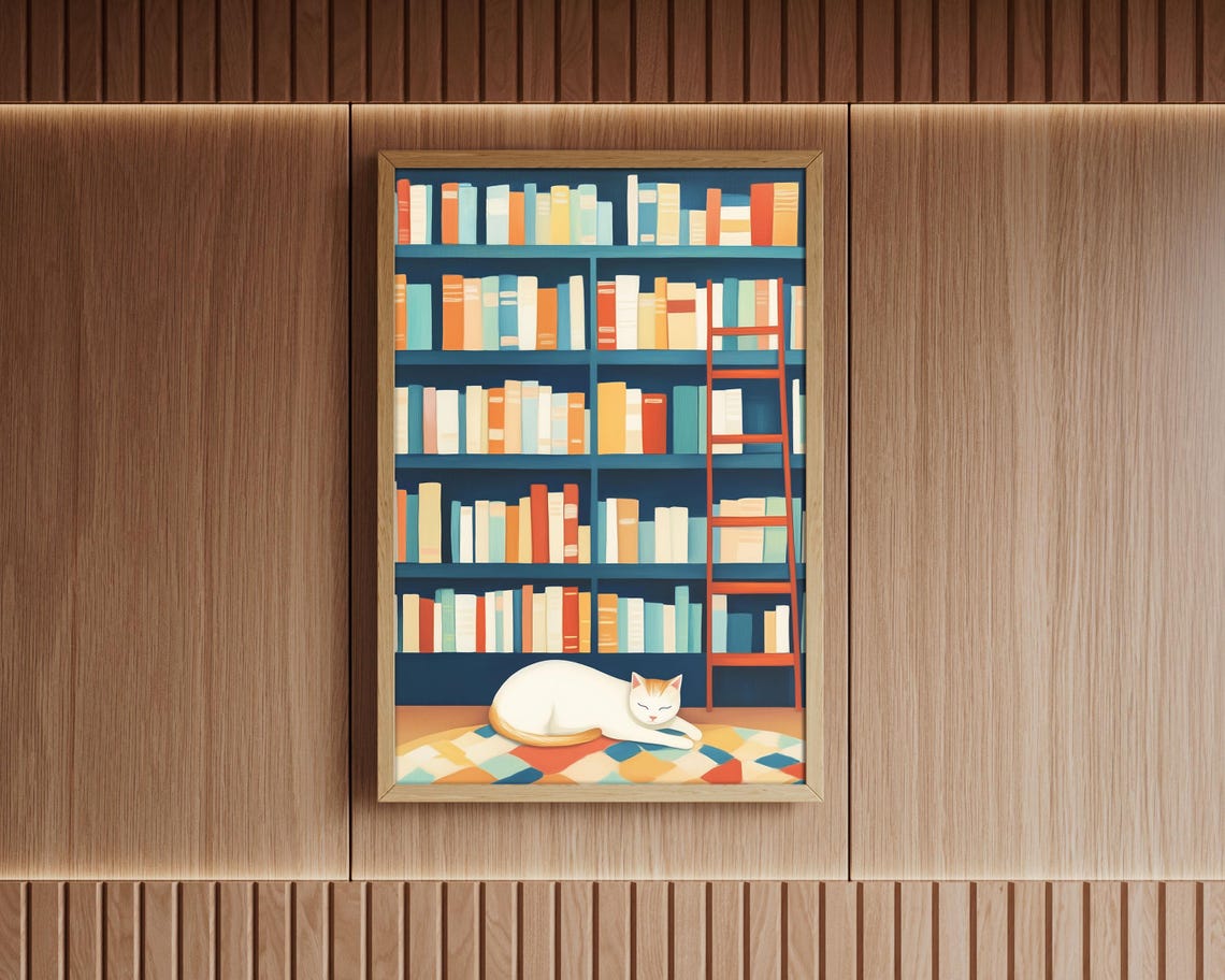 Sleeping Cat In Front Of Colorful Bookshelf Cozy Library Art Poster