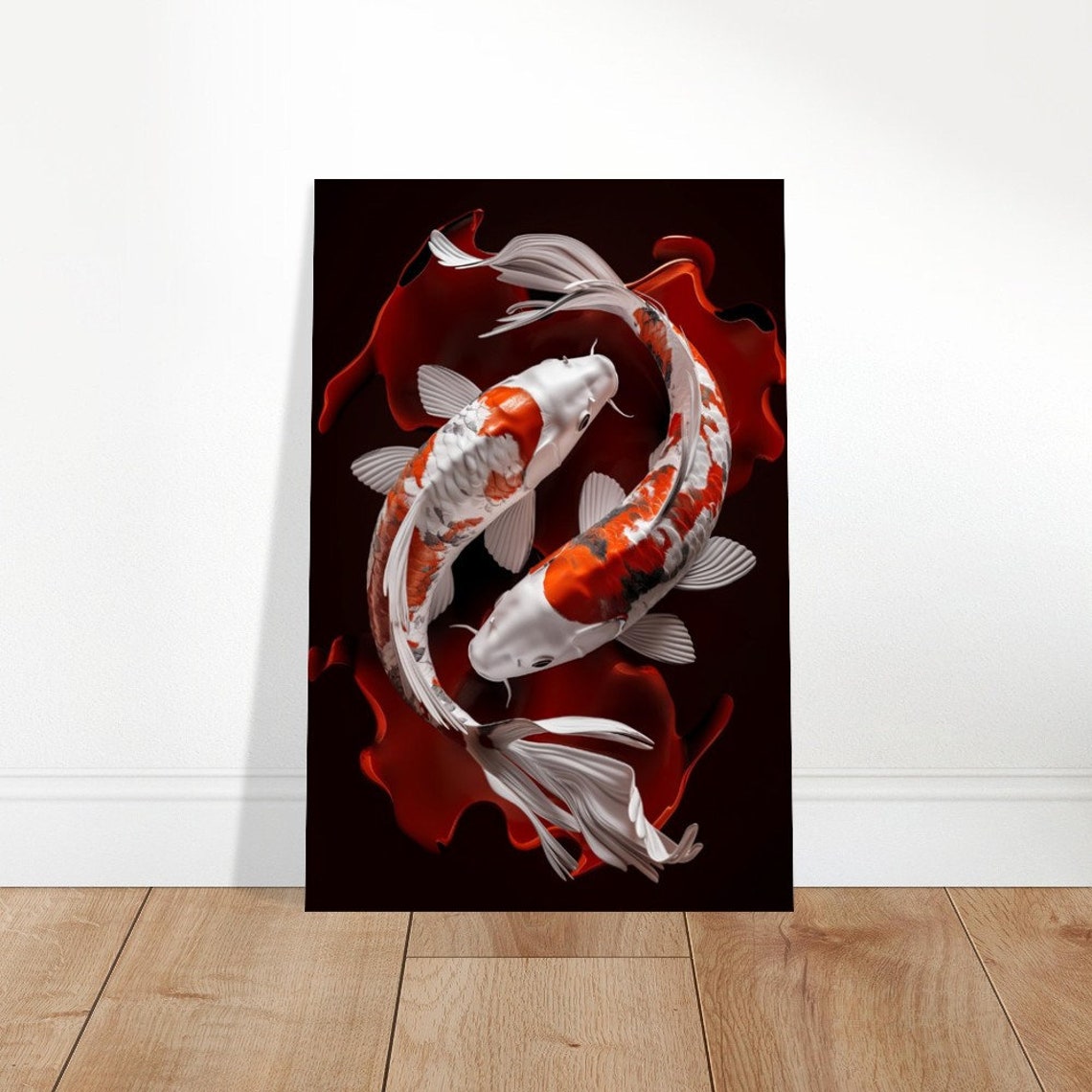 Yin Yang Koi Fish Pair Black Background Red Swirl Zen Art Print - Image 4