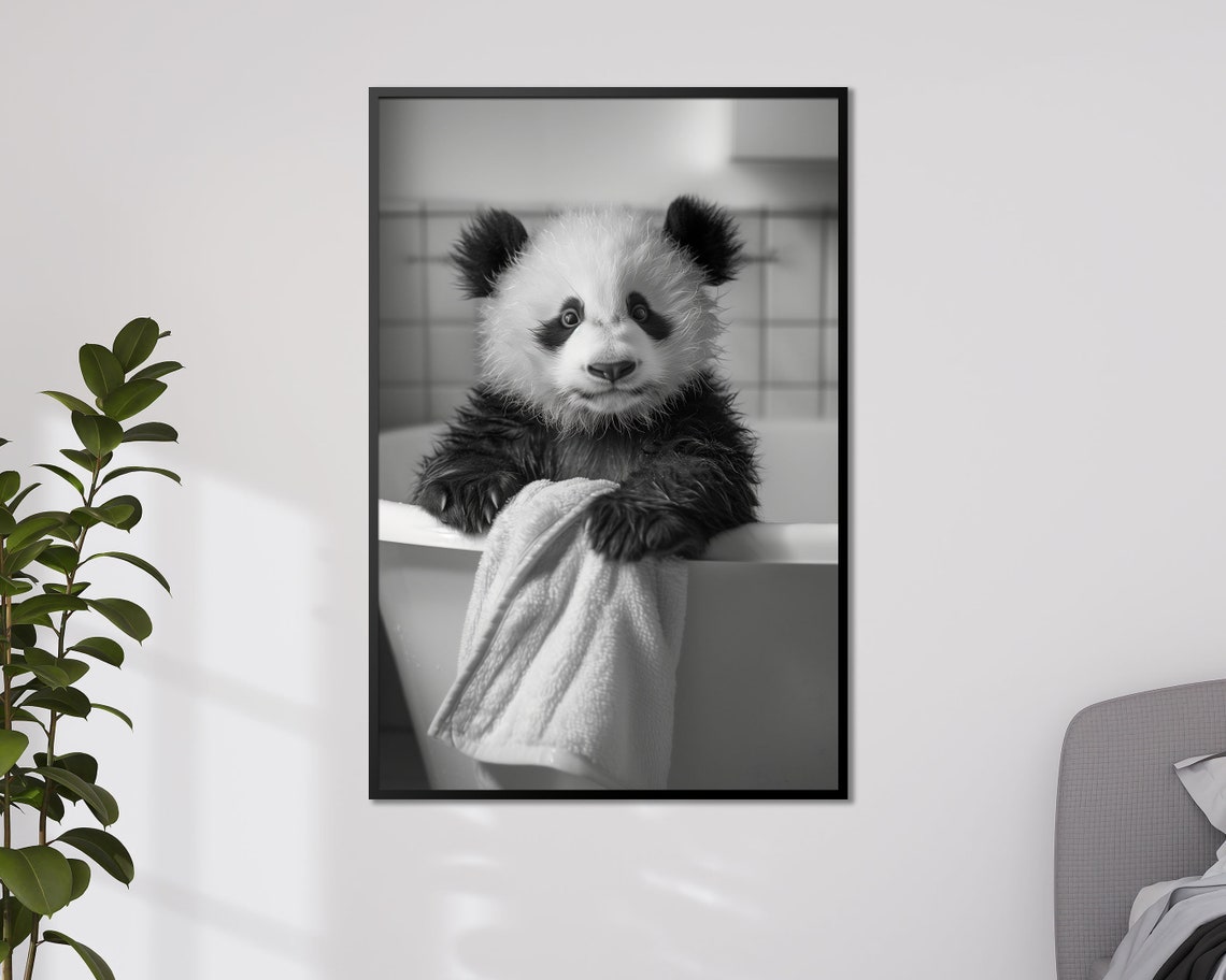 Panda Cub Bath Time Black and White Photo Nursery Bathroom Poster