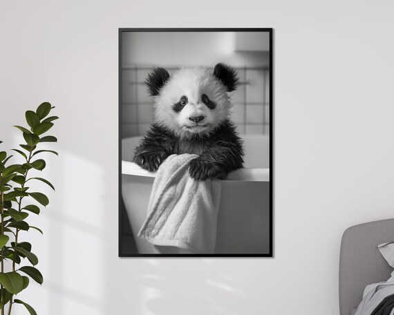 Panda Cub Bath Time Black and White Photo Nursery Bathroom Poster
