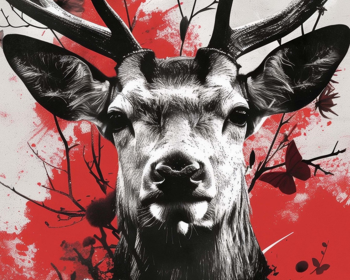 Majestic Stag With Butterflies Red Black Modern Deer Wall Art Print - Image 2