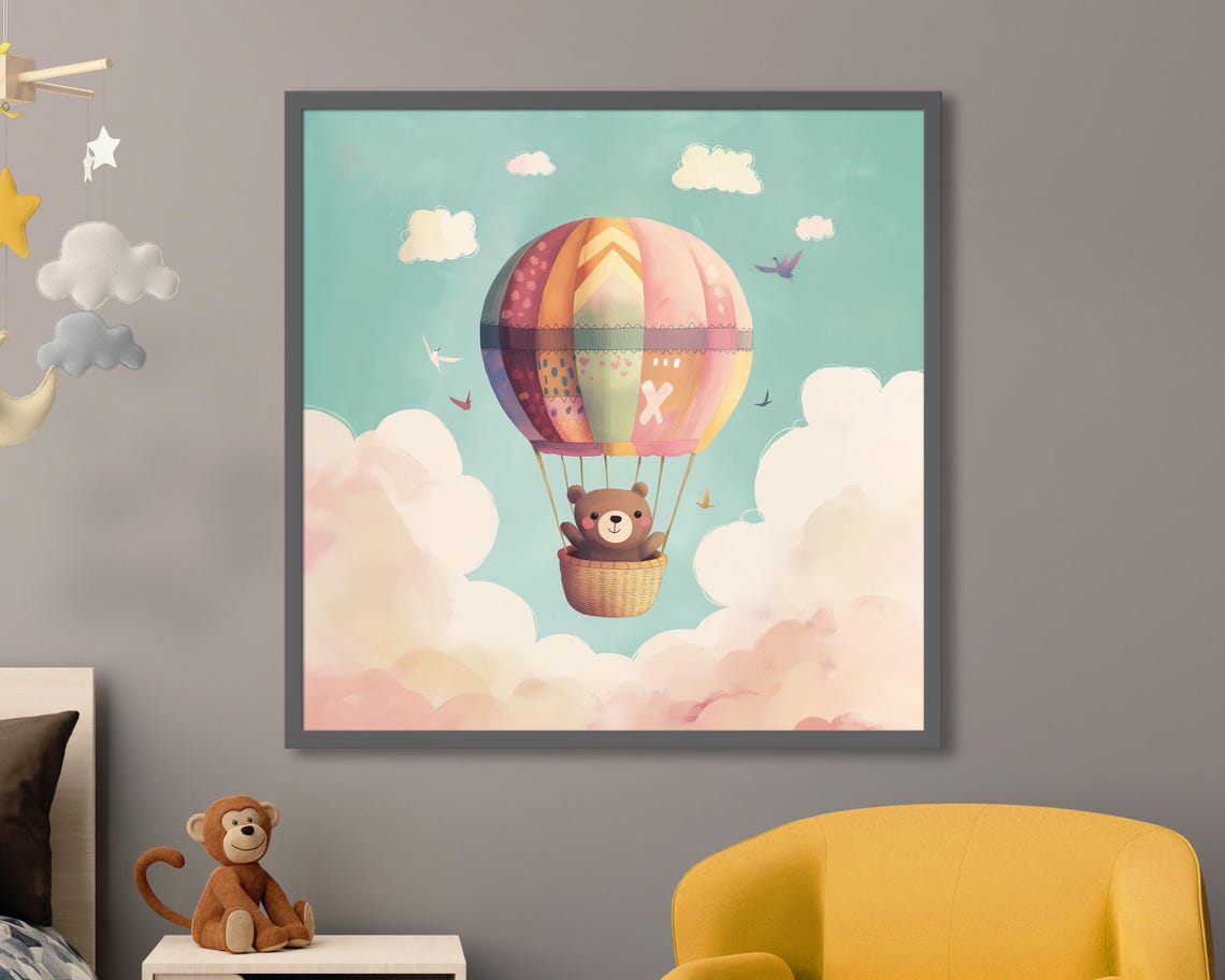 Cute Bear Cub In Hot Air Balloon Pastel Clouds Nursery Art Poster