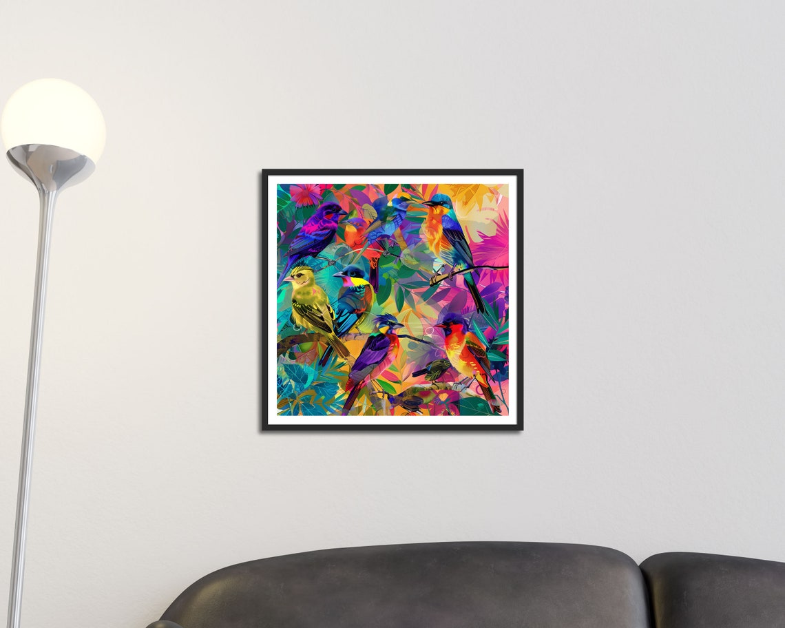 Colorful Tropical Birds In Jungle Foliage Abstract Wall Art Poster - Image 2