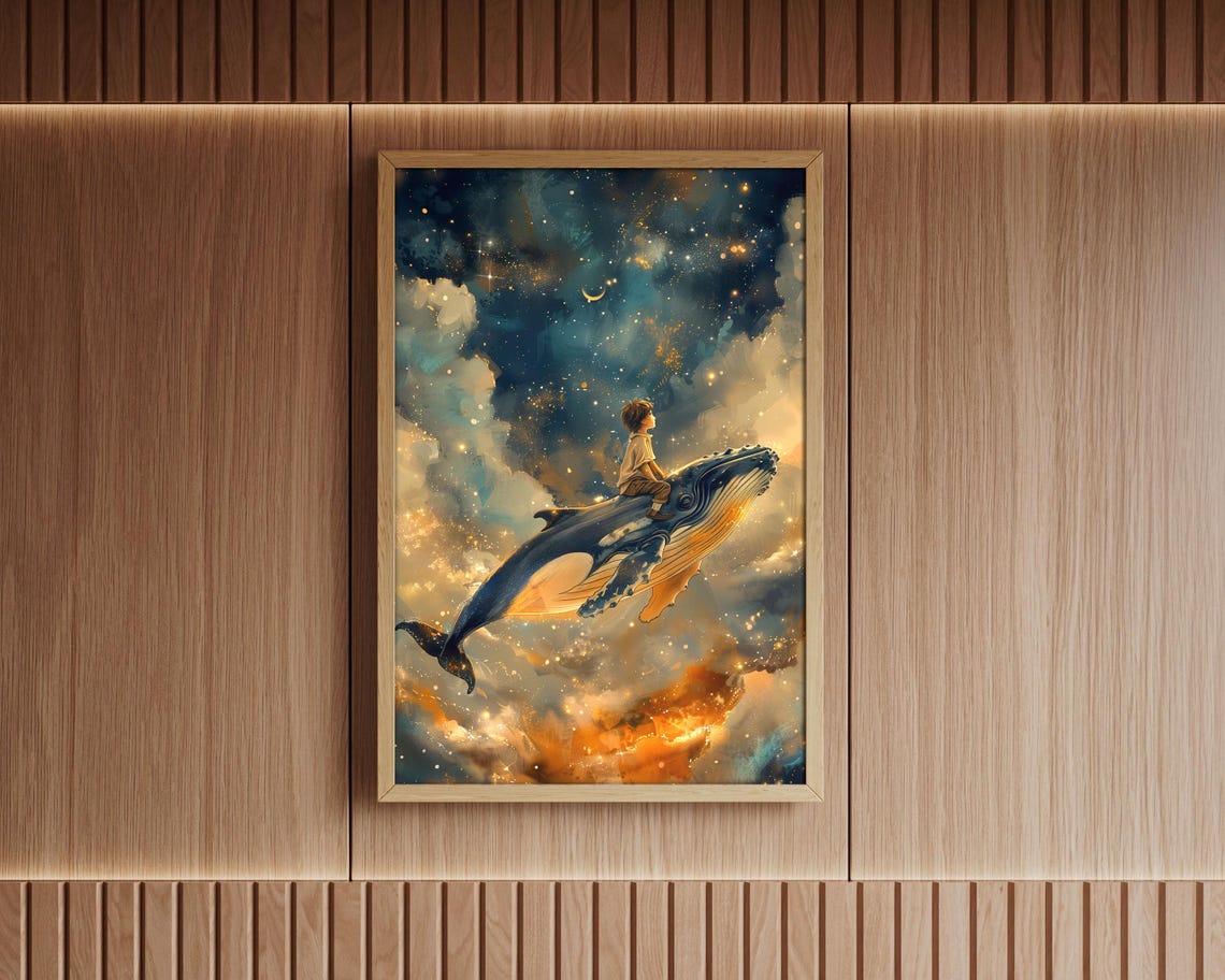 Child Riding Whale Through Starry Clouds Cosmic Nursery Wall Art Print - Image 4