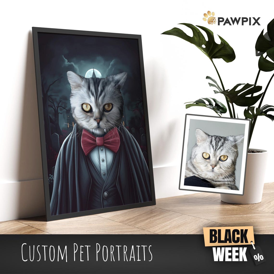 Custom Tabby Cat Dracula Vampire Halloween Pet Portrait Art Poster