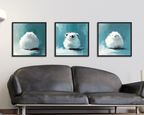 Fluffy White Kitten Puppy Lamb Trio on Teal Set of Three Wall Art