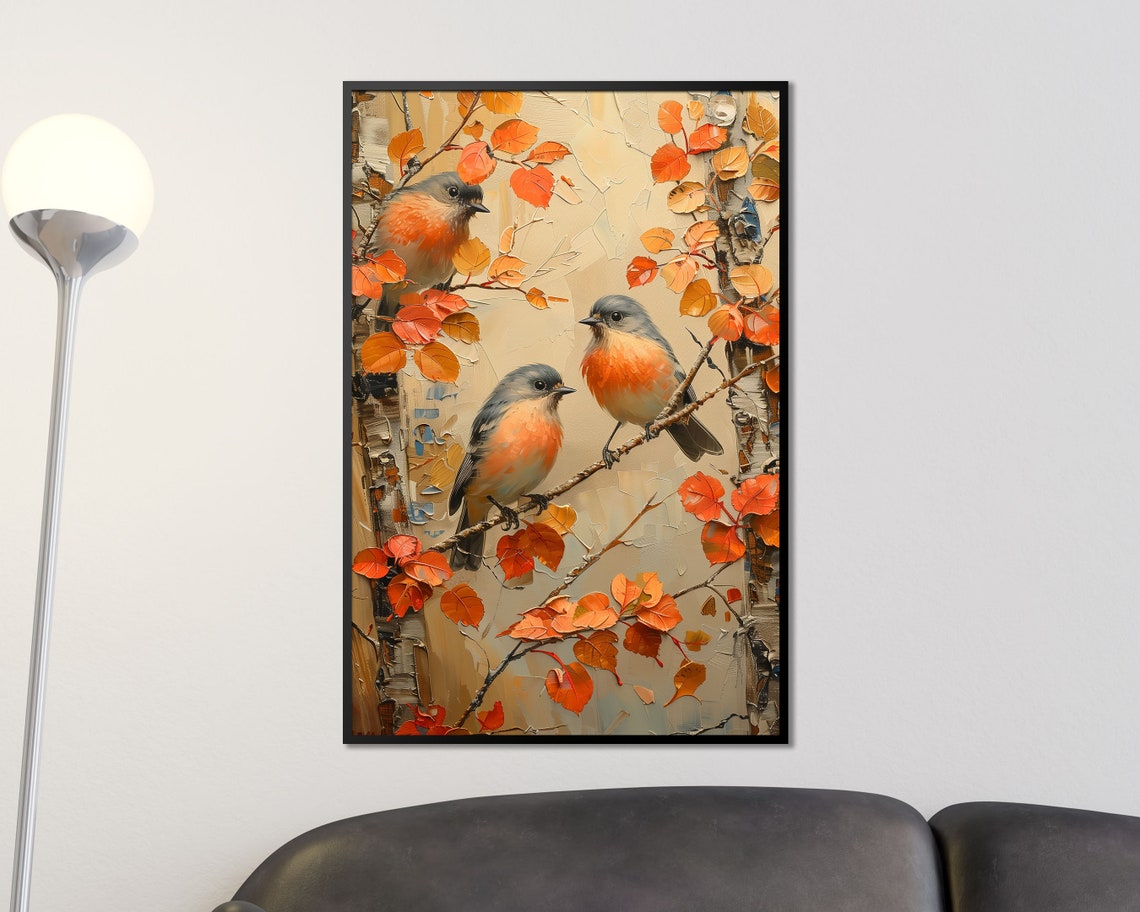 Three Songbirds On Autumn Branches Orange Leaves Oil Painting Print - Image 3