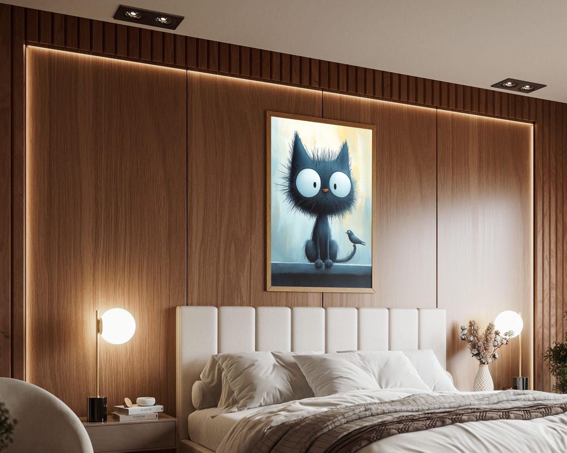 Cute Big Eyed Black Cat with Little Bird on Tail Nursery Wall Art - Image 5