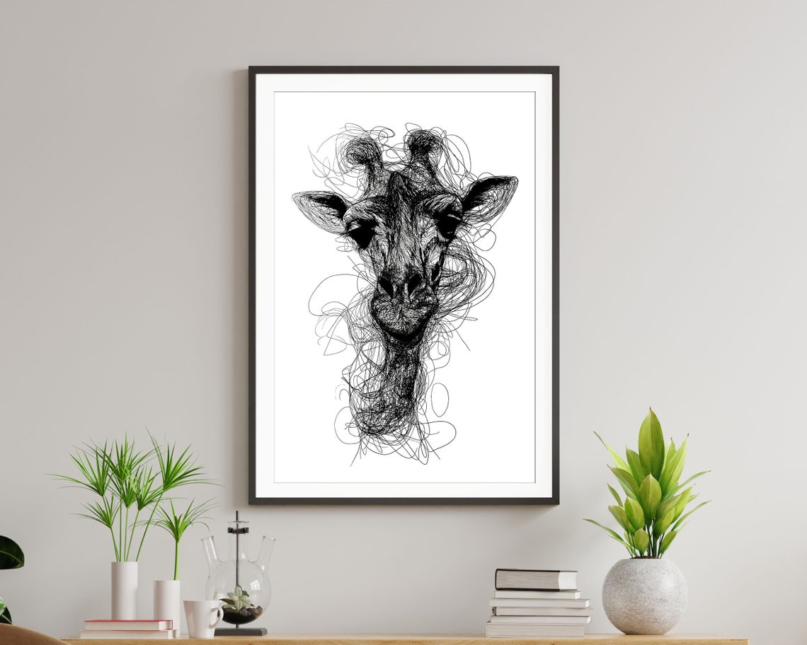 Giraffe Head Scribble Art Black And White Line Drawing Wall Print - Image 5