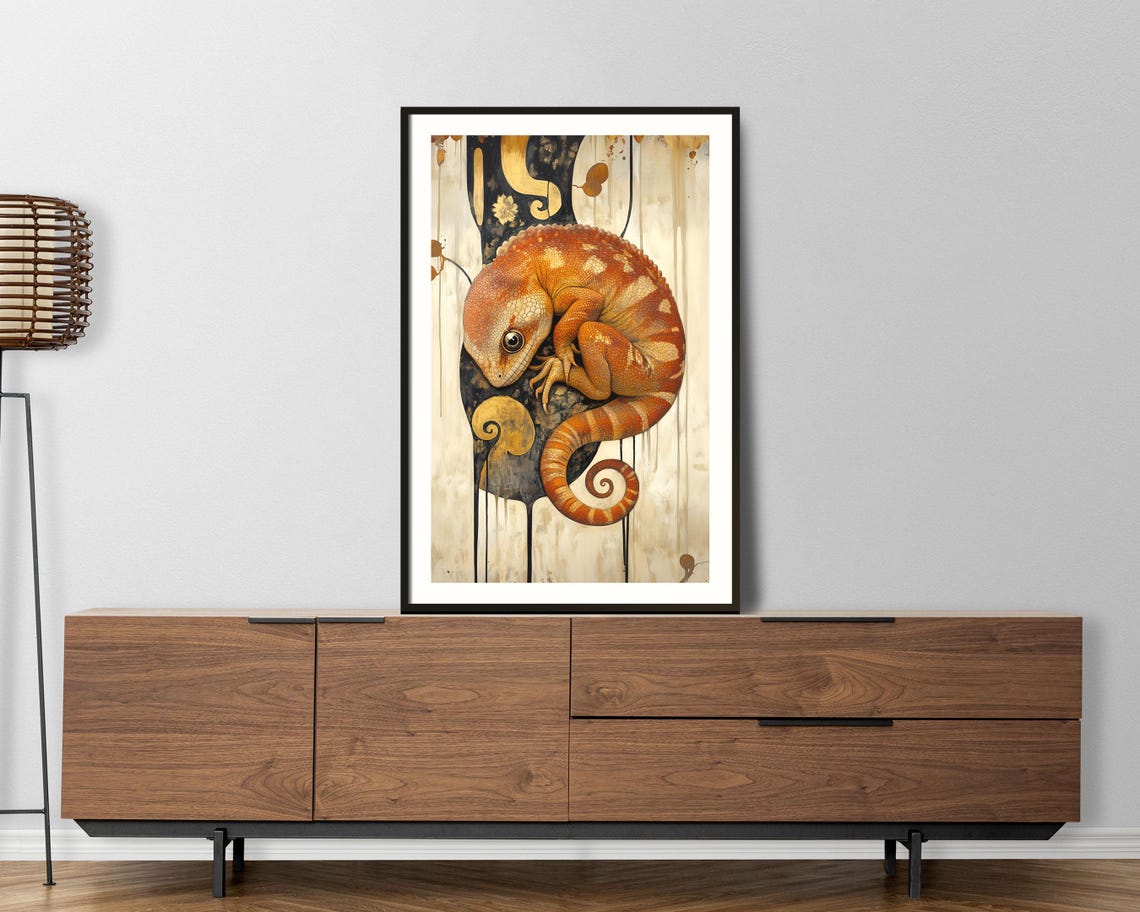 Orange Gecko Lizard Curled Abstract Boho Wildlife Art Poster Print
