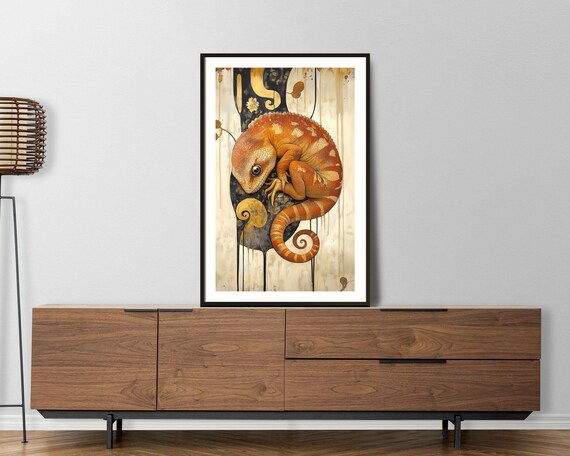 Orange Gecko Lizard Curled Abstract Boho Wildlife Art Poster Print