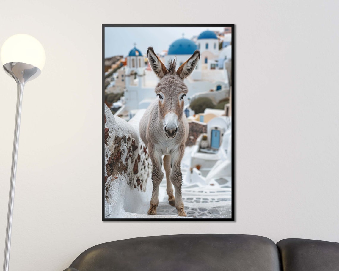 Santorini Donkey Standing By Blue Domes Old Town Greece Photo Wall Art - Image 3