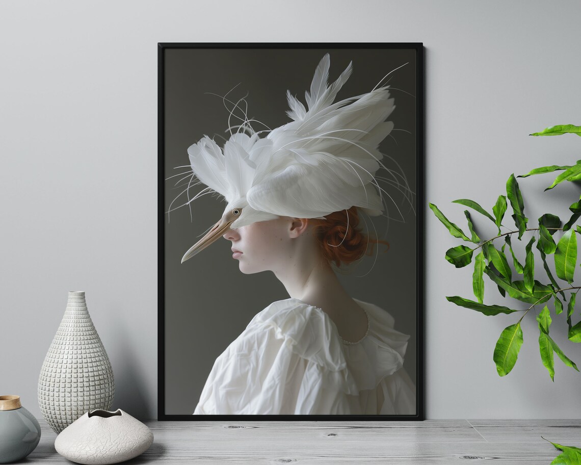 Surreal Woman Portrait Egret Feather Headdress Fashion Wall Art - Image 4