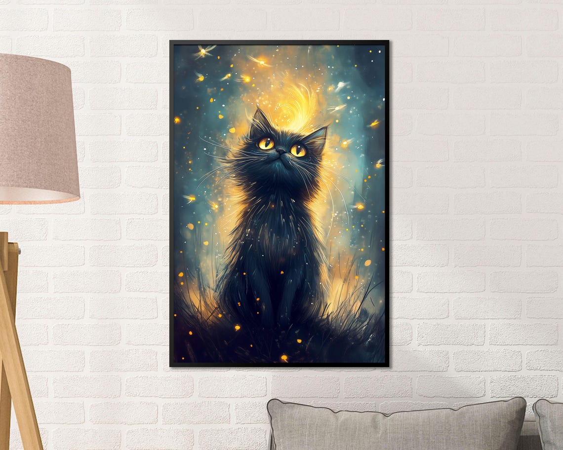 Black Kitten Gazing Up at Golden Light Magic Sparkles Wall Art - Image 4