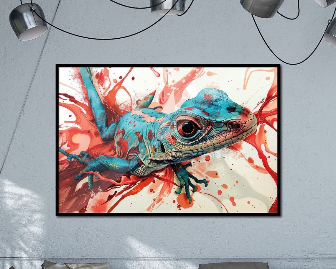 Blue Lizard Close Up Vivid Turquoise Reptile Splash Wall Art Poster