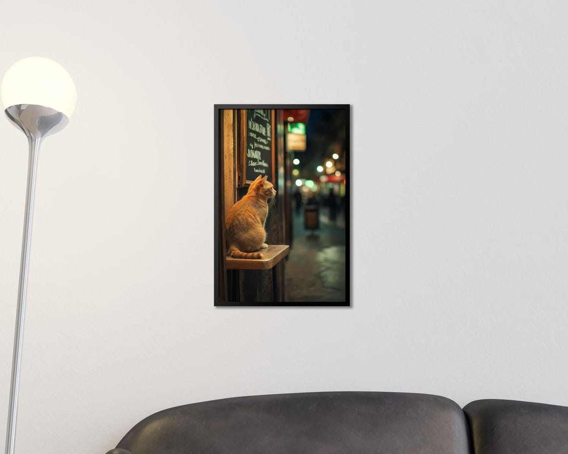 Orange Cat At Cafe Table Watching Night Street Cozy Art Poster - Image 2