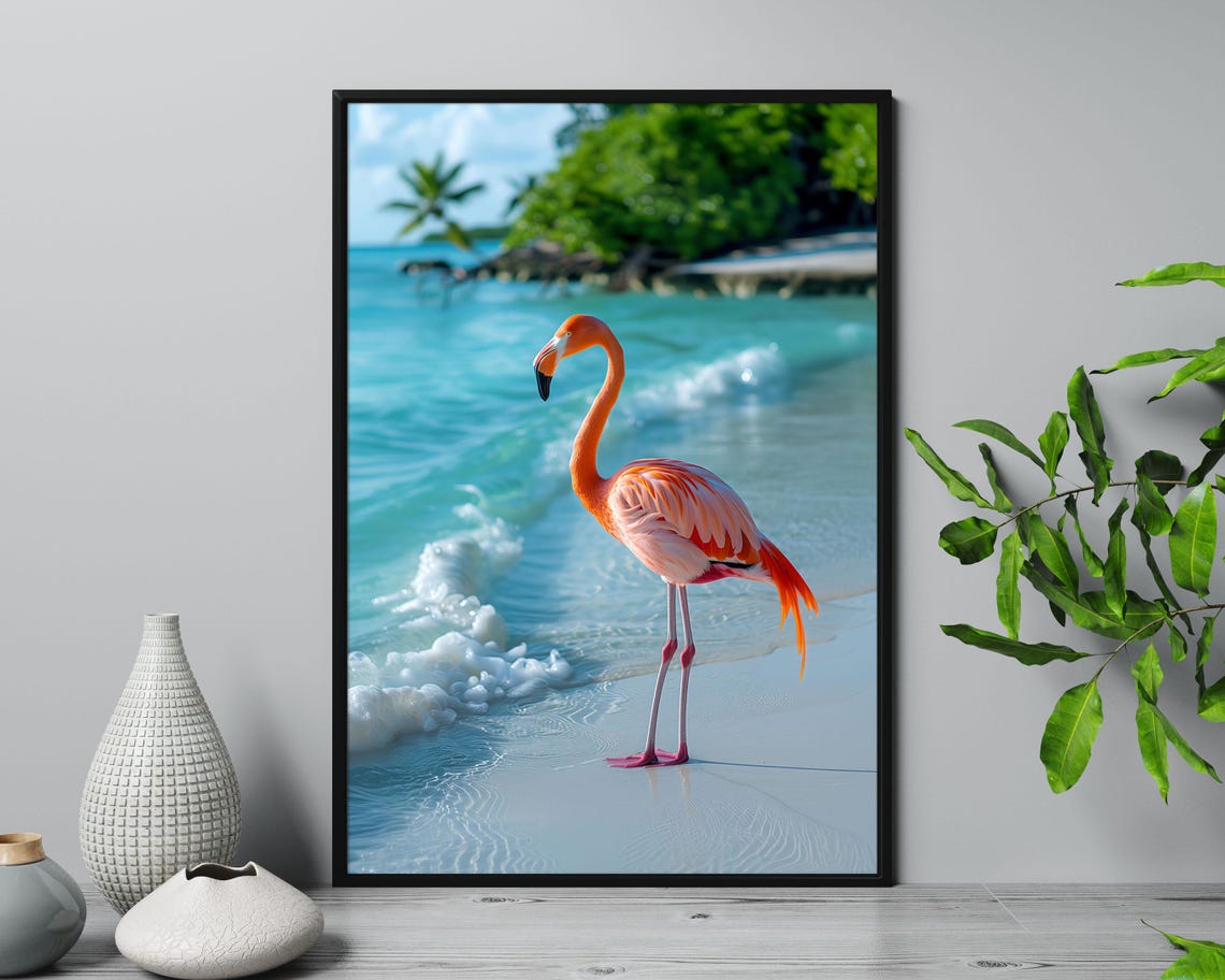 Pink Flamingo on Tropical Beach Turquoise Water Coastal Photo Poster - Image 4