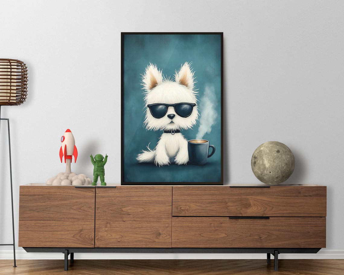 Cool White Puppy With Sunglasses Steaming Coffee Cup Art Poster - Image 7