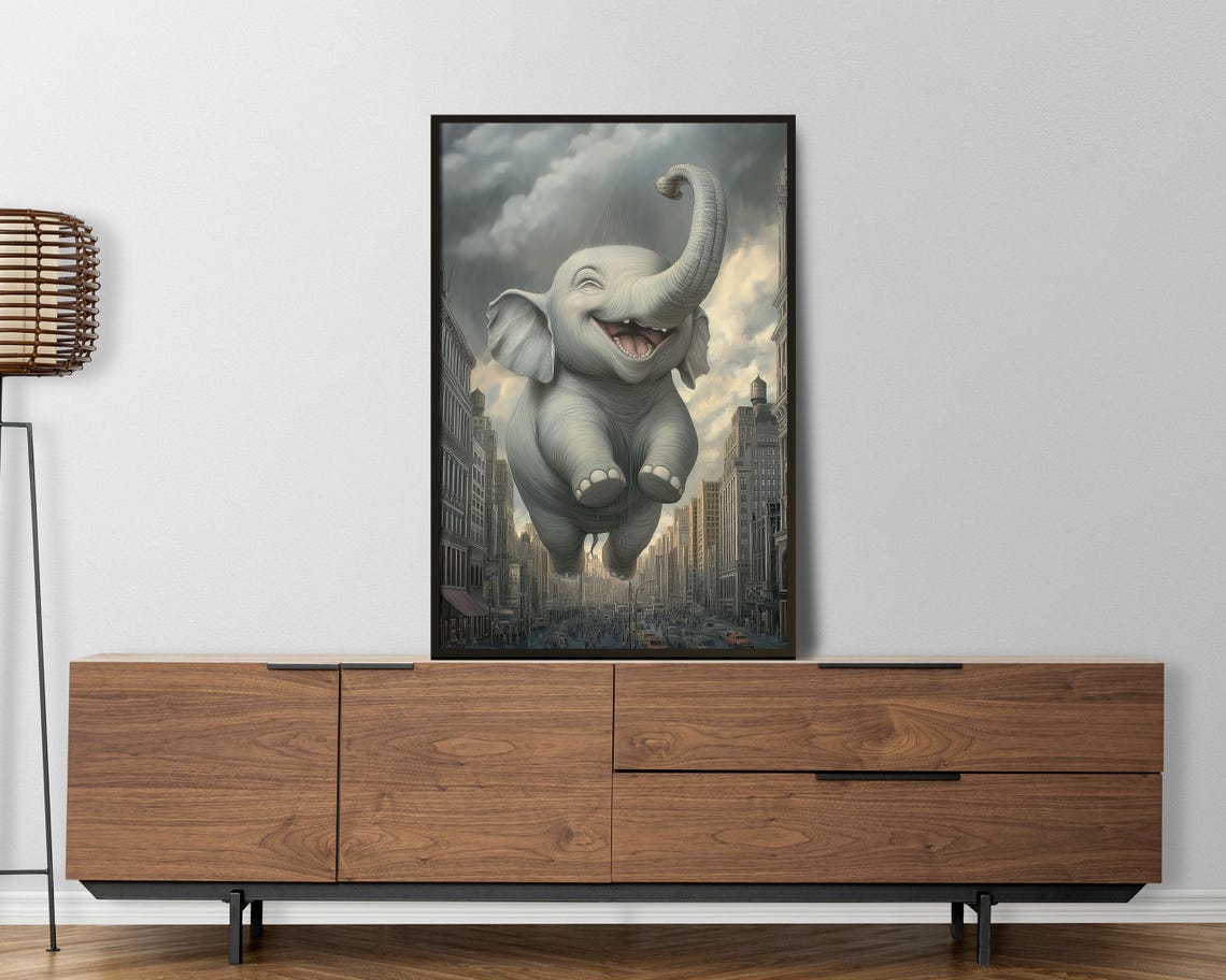 Giant Happy Elephant Flying Over City Street Surreal Wall Art