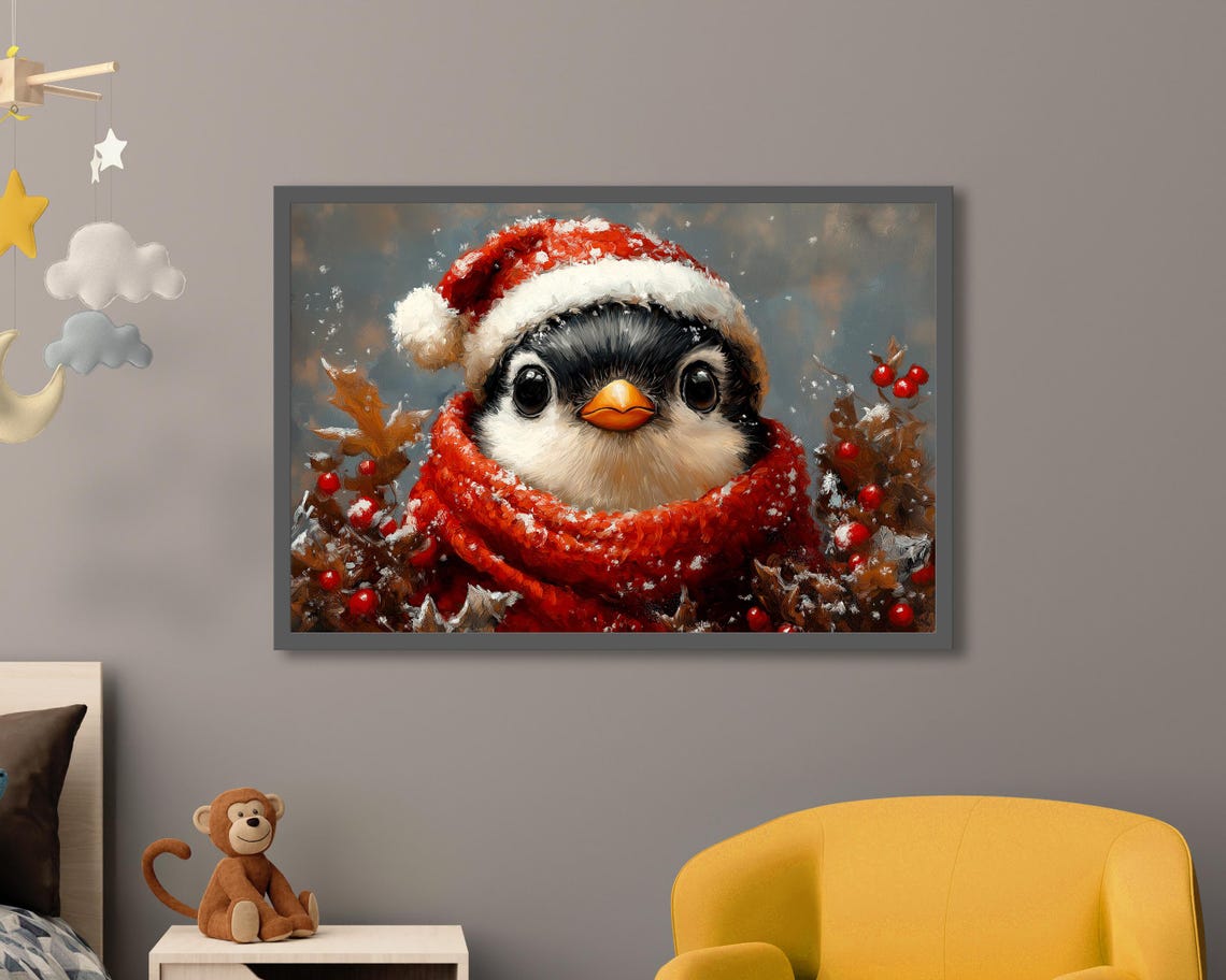 Penguin Chick In Santa Hat And Scarf Snowy Christmas Art Poster - Image 3