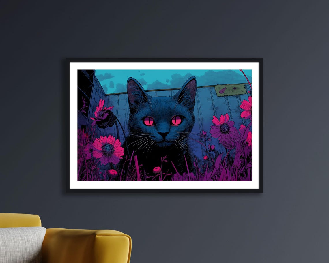 Neon Black Cat With Glowing Pink Eyes Floral Dark Aesthetic Poster - Image 4
