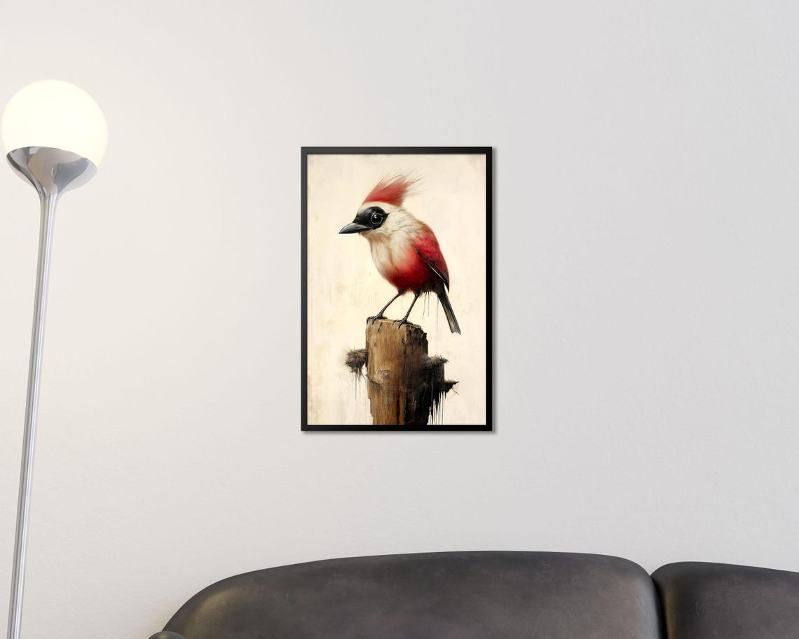 Red And White Crested Bird On Post Minimal Nature Art Poster - Image 2