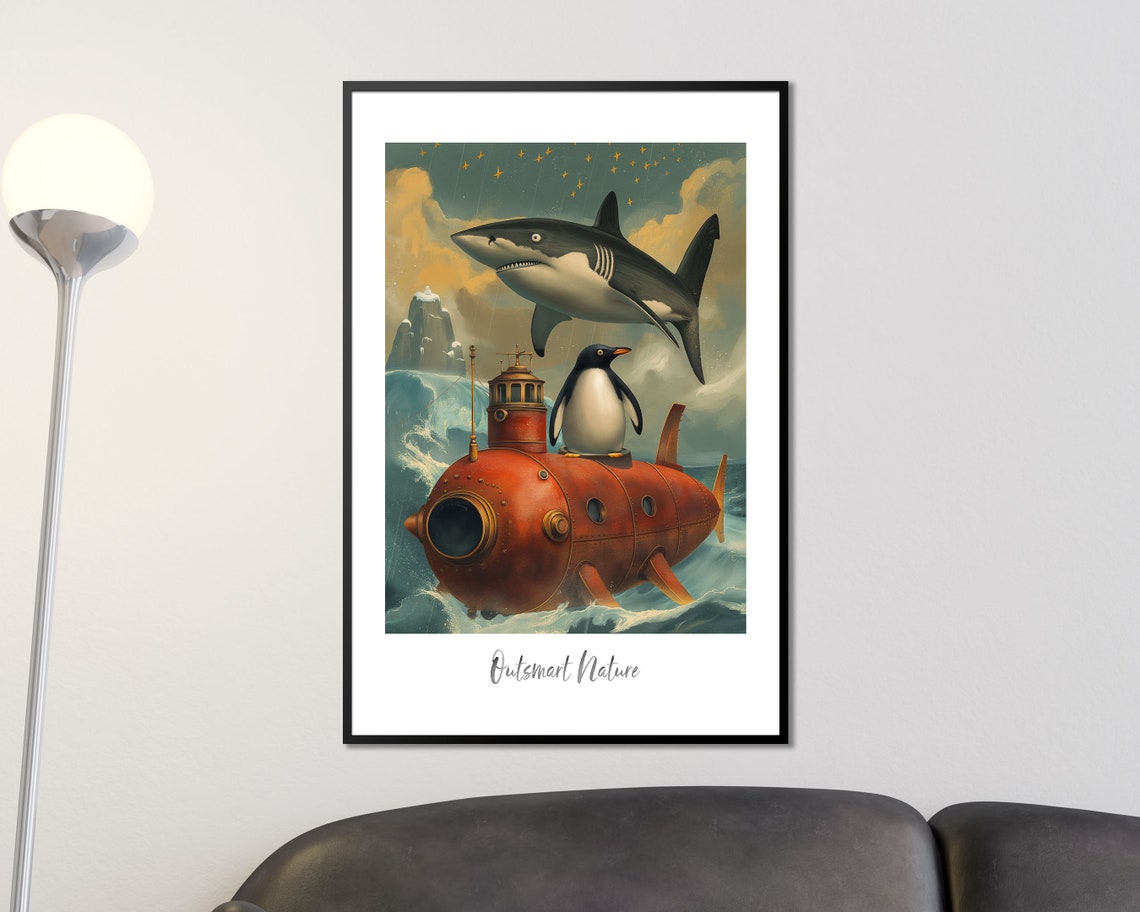 Outsmart Nature Penguin Shark Submarine Whimsical Ocean Art Poster - Image 5