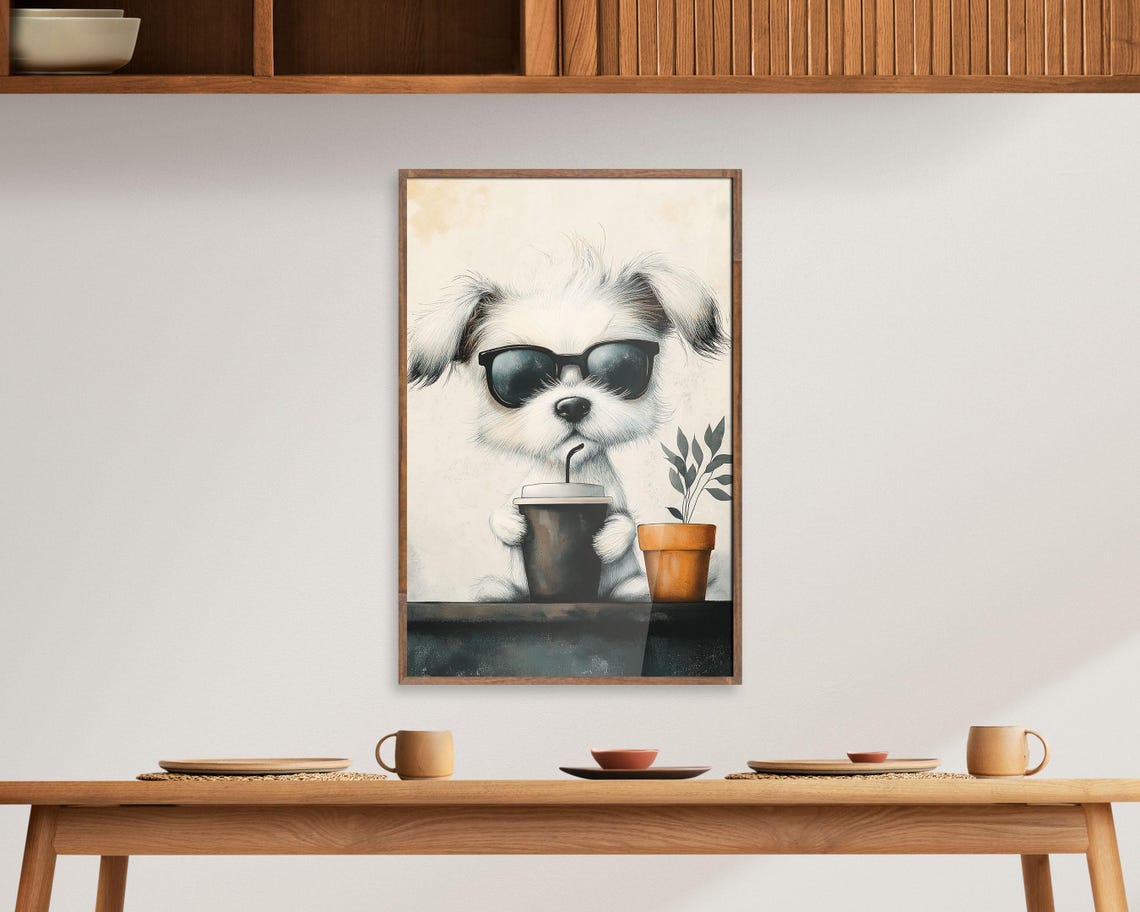 Cool Puppy With Sunglasses And Takeout Coffee Watercolor Dog Poster