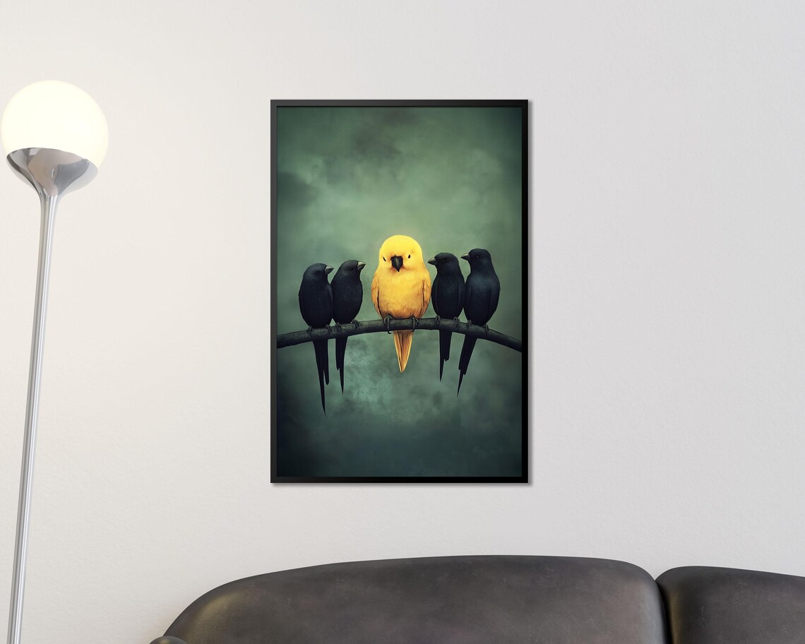 Yellow Bird Among Black Birds On Branch Moody Minimal Art Poster - Image 3