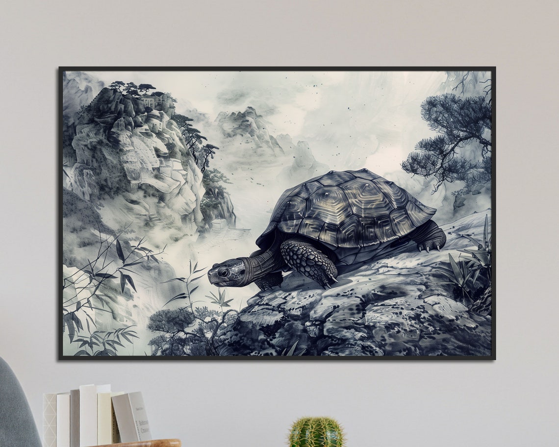 Mystical Tortoise Japanese Ink Wash Mountain Landscape Zen Art Poster