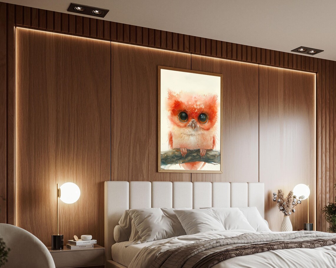 Fluffy Coral Owl Baby Watercolor Branch Cute Nursery Wall Art - Image 6