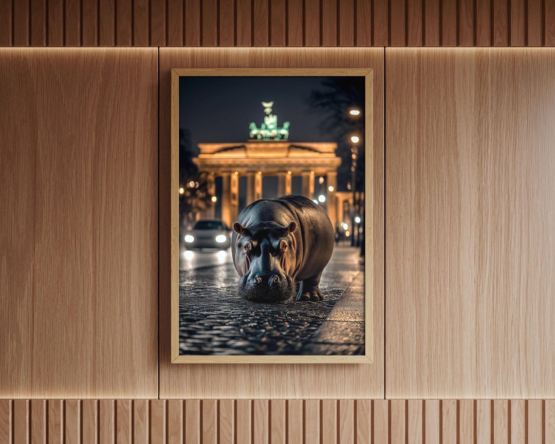 Hippo on Cobblestone Street Berlin Night Brandenburg Gate Wall Art - Image 6