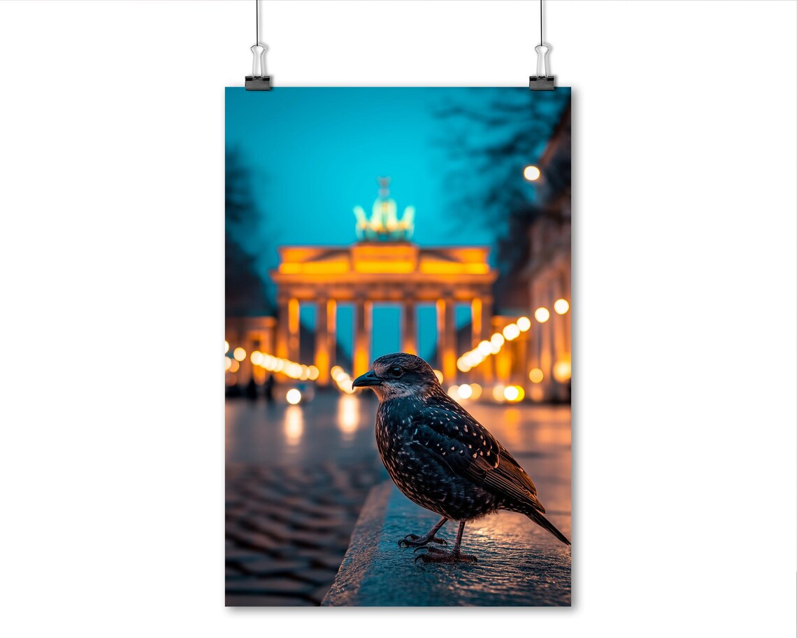 Berlin Brandenburg Gate Night Lights Starling Bird City Photo Poster - Image 5