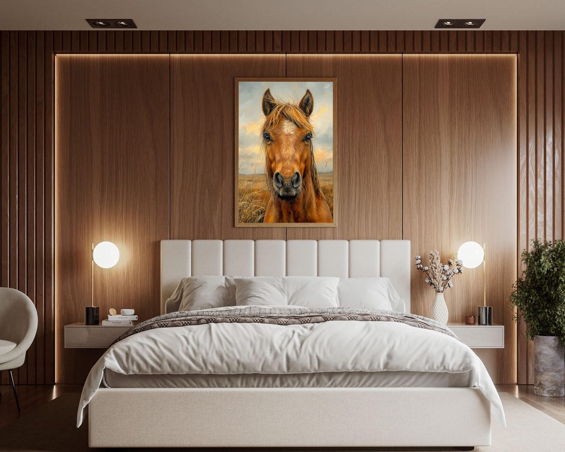 Chestnut Horse Face Portrait Golden Wheat Field Rustic Wall Art - Image 5