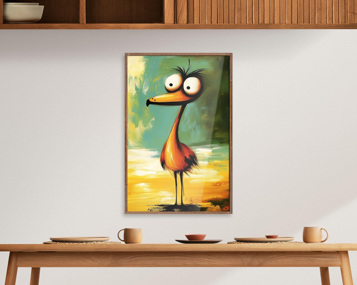 Quirky Funny Flamingo Bird Long Beak Whimsical Teal Painting Poster - Image 6