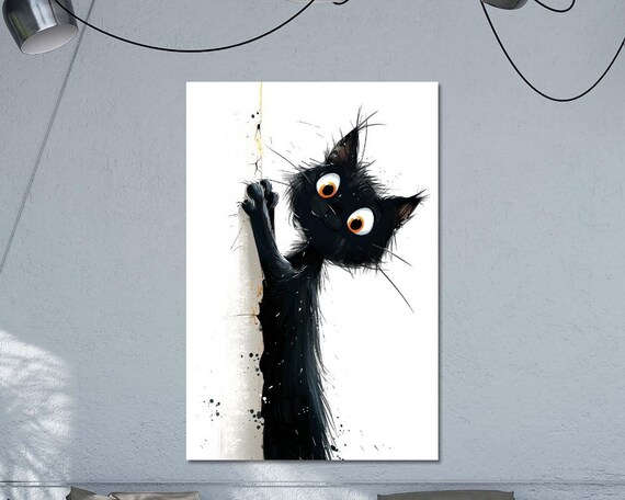 Funny Peeking Black Cat Cartoon Ink Splatter Nursery Wall Art Poster