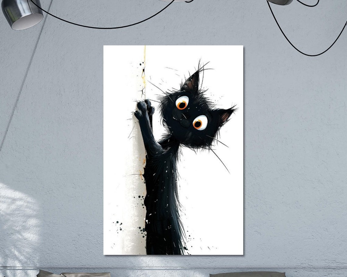 Funny Peeking Black Cat Cartoon Ink Splatter Nursery Wall Art Poster
