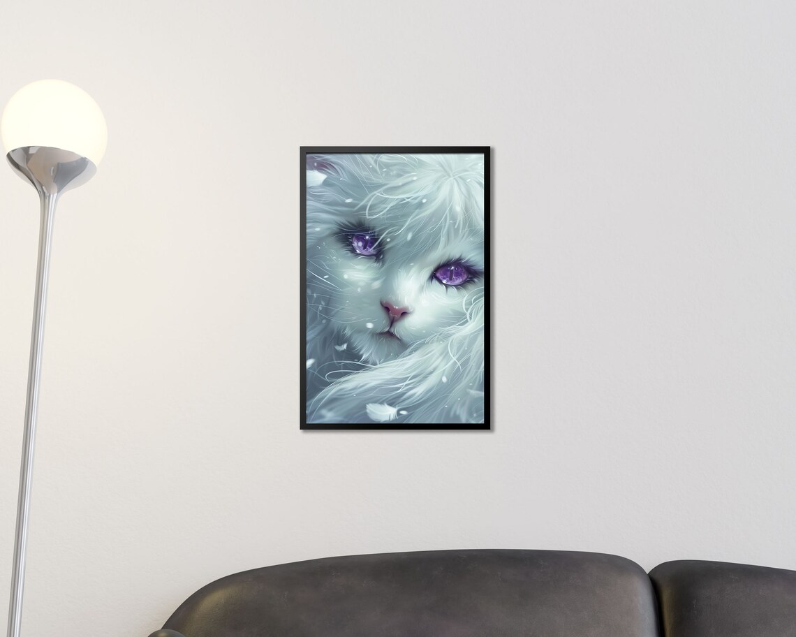 Mystical White Cat Purple Eyes Snowy Fantasy Feline Wall Art Print - Image 3