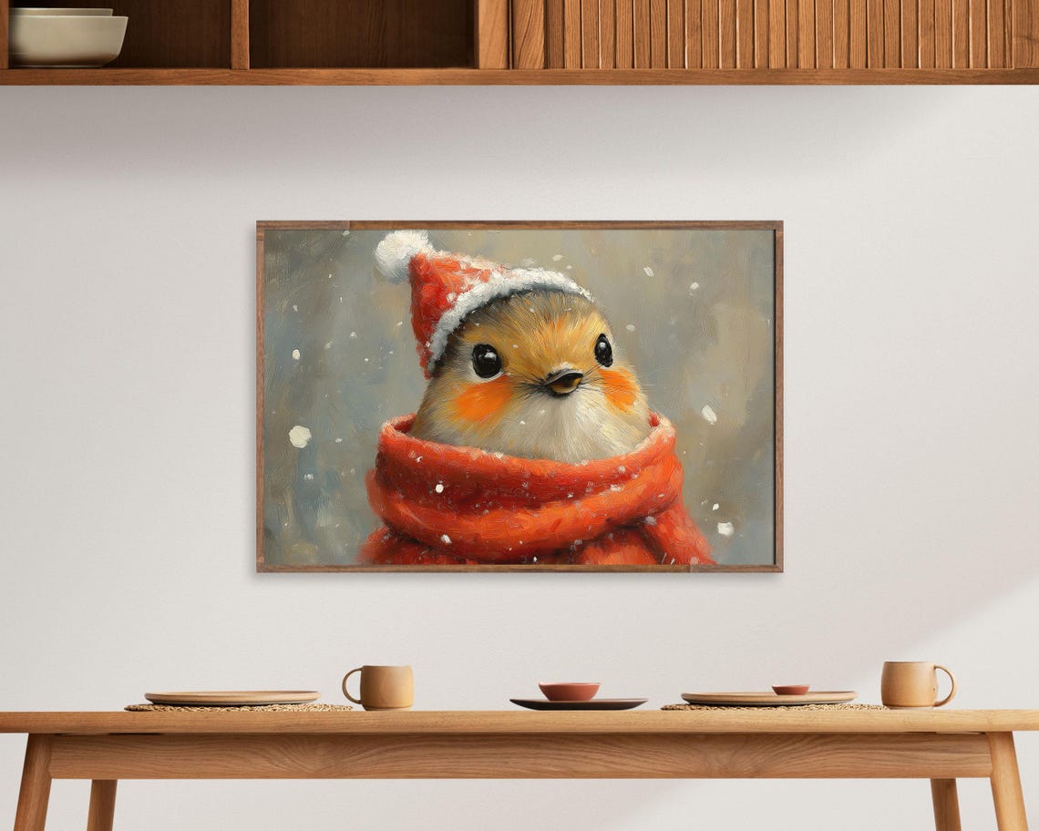 Robin Bird In Red Santa Hat And Scarf Snowy Christmas Art Poster