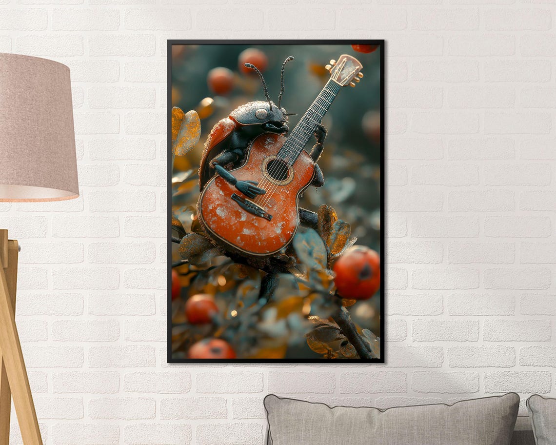 Ladybug Playing Acoustic Guitar On Berry Branch Nature Art Poster