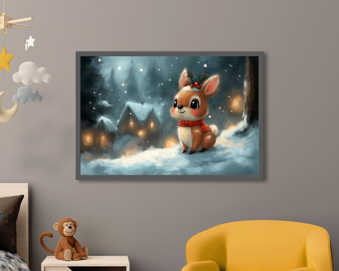 Cute Christmas Fawn In Snowy Village Holiday Winter Deer Poster - Image 3