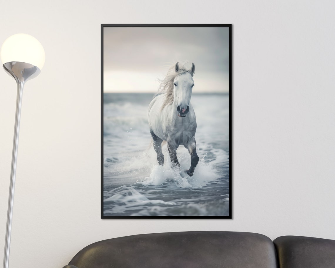 White Horse Galloping Through Ocean Waves Coastal Photo Art Poster - Image 4